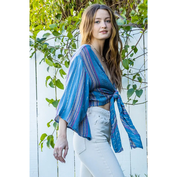 En Creme: Tie Front Striped Top (Small) - Picture 2 of 5